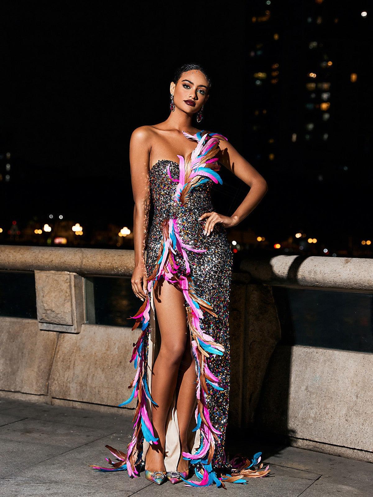 Strapless Feather Split Sequin Dress - View 4
