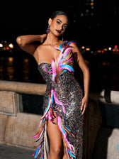 Strapless Feather Split Sequin Dress - View 2