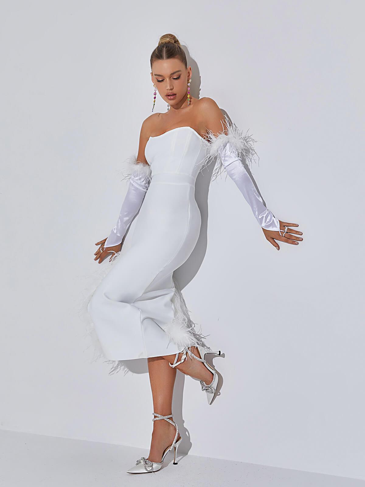 Esperanza Strapless Feather Bandage Dress In White 3