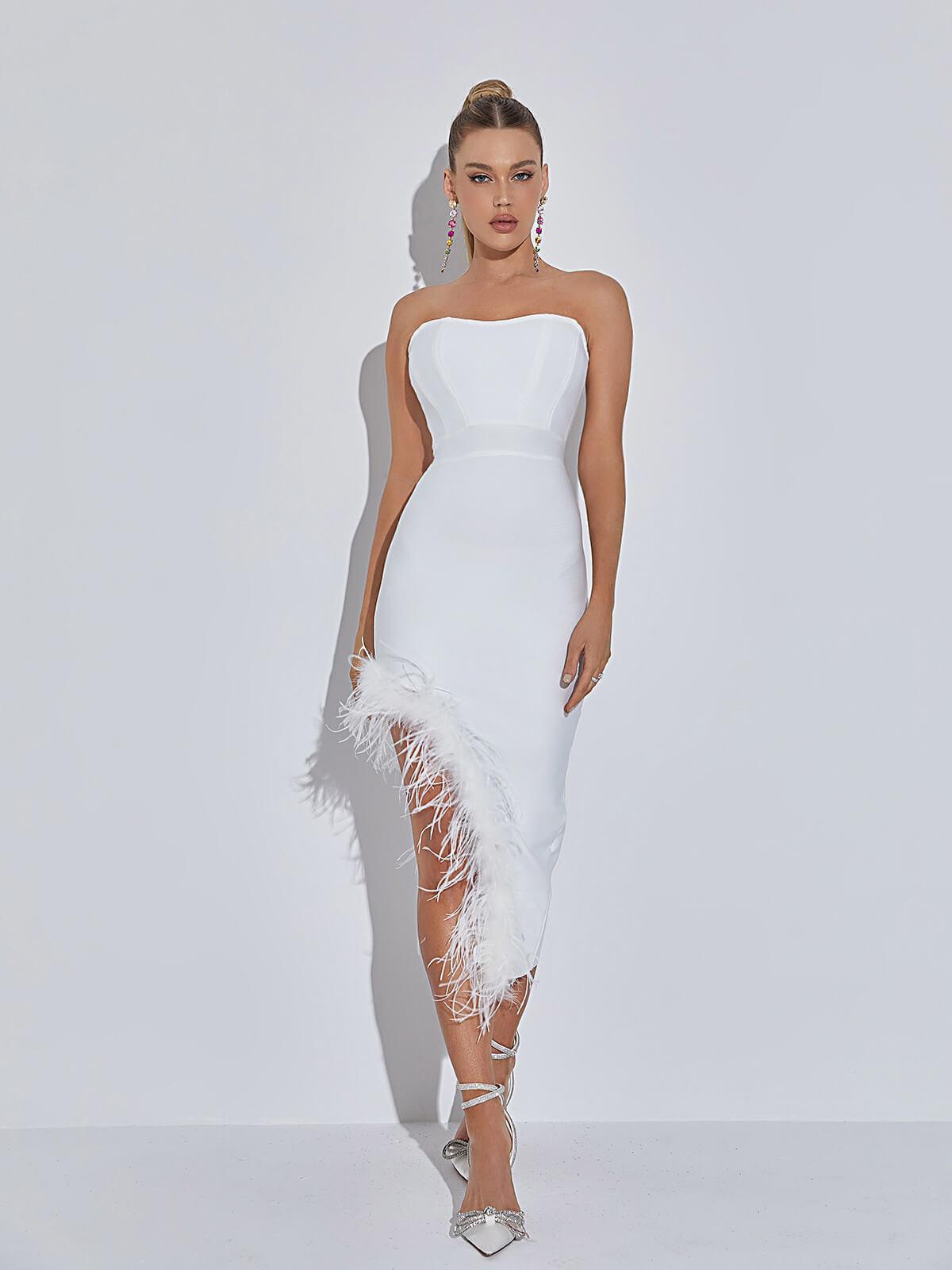 Esperanza Strapless Feather Bandage Dress In White 4