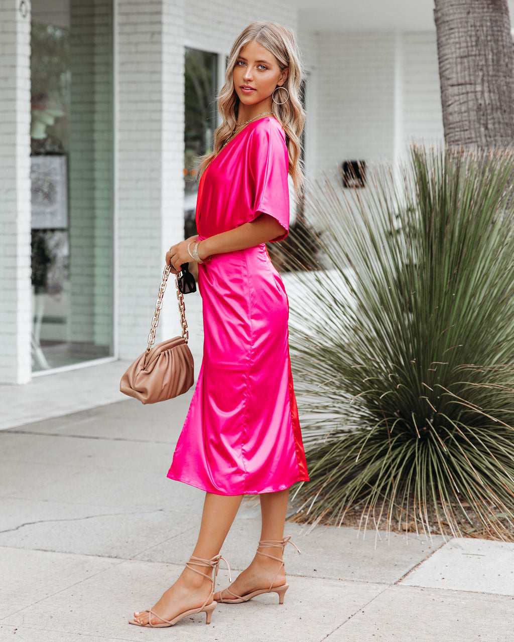 Satin Colorblock V-Neck Short Sleeve Twist Front Split Midi Dress 6