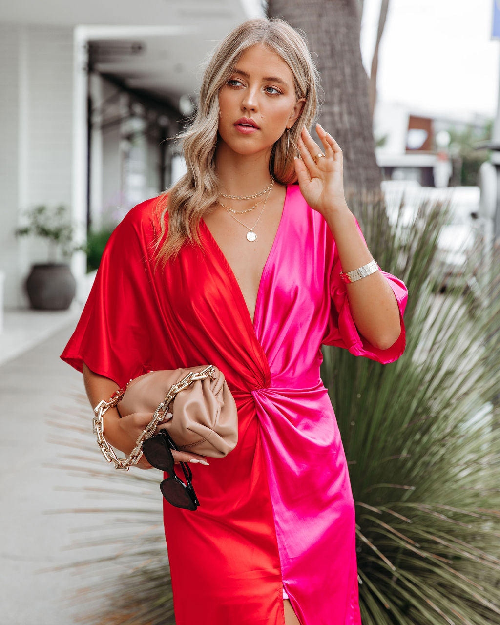 Satin Colorblock V-Neck Short Sleeve Twist Front Split Midi Dress 8
