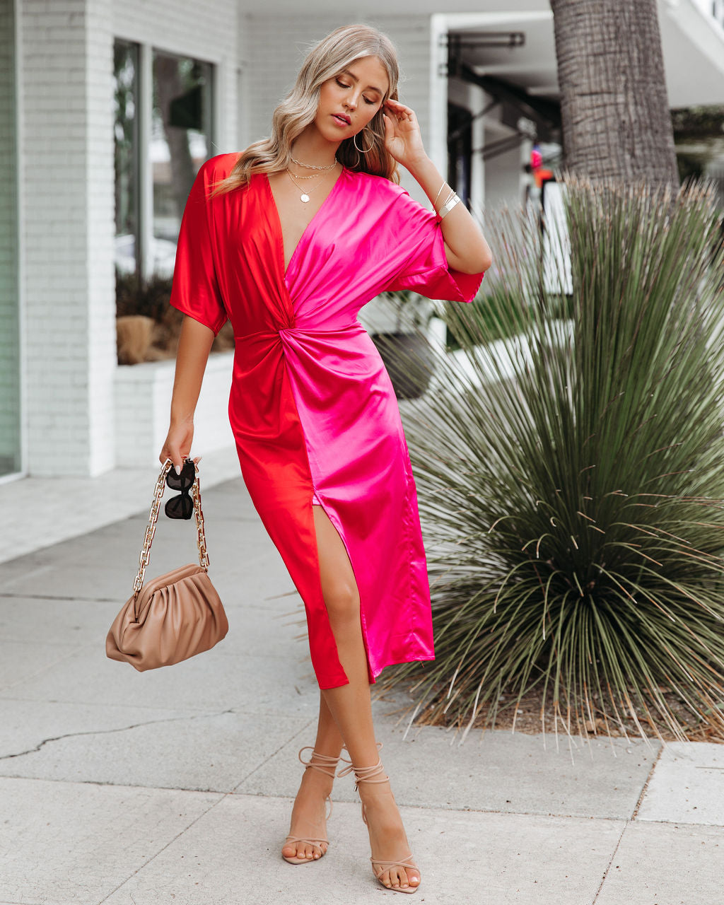 Satin Colorblock V-Neck Short Sleeve Twist Front Split Midi Dress 3