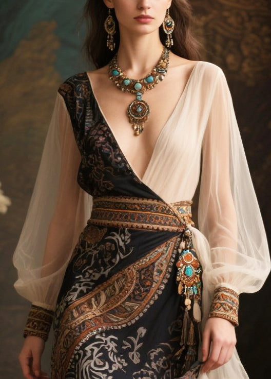 Paisley Print Wrap V-Neck Bishop Sleeve Embroidered Cuff Belted Tiered Maxi Gown