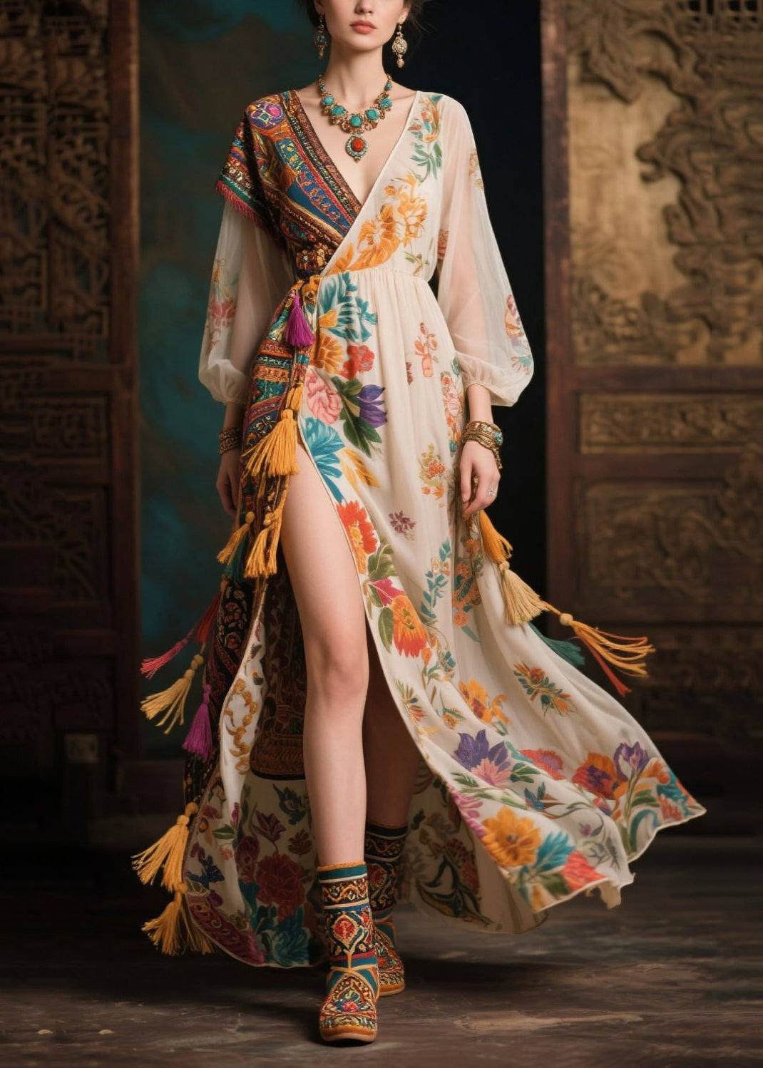 Mixed Print Floral Wrap Tassel Trim Bishop Sleeve V-Neck High Split Chiffon Maxi Dress