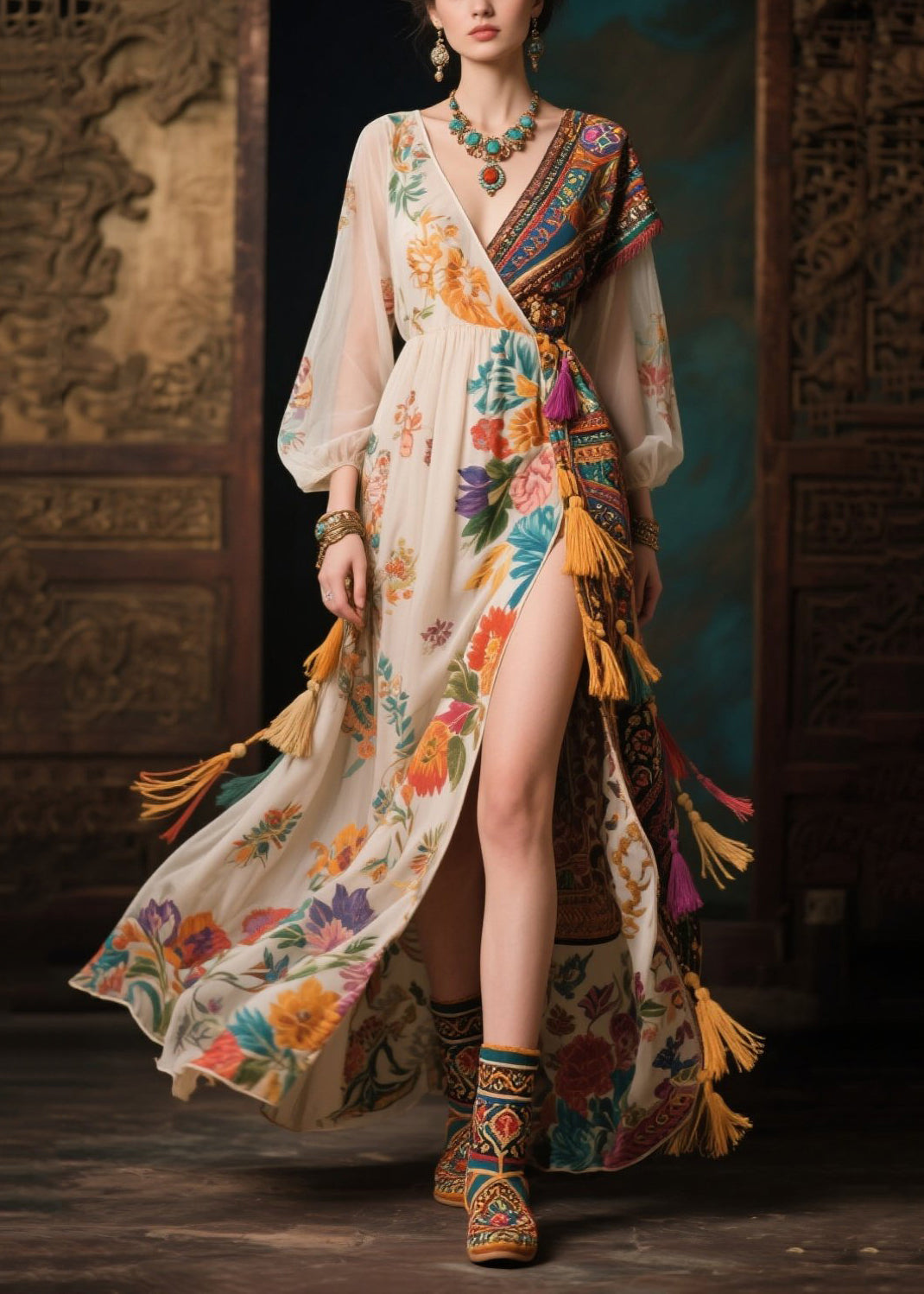 Mixed Print Floral Wrap Tassel Trim Bishop Sleeve V-Neck High Split Chiffon Maxi Dress