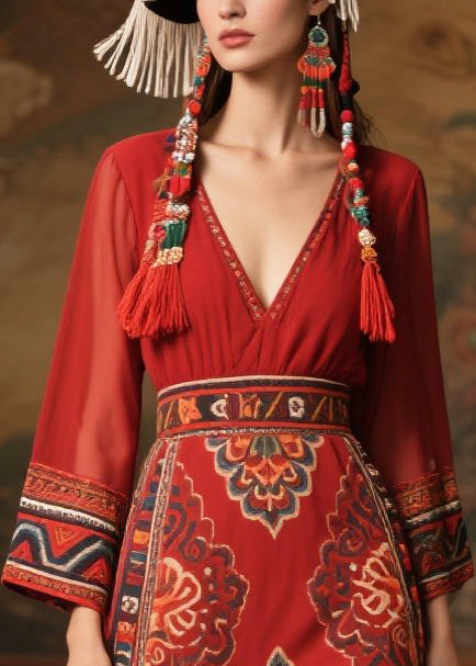 Chiffon Deep V-Neck Long Sleeve Medallion Print Belted Ruffle Hem Maxi Dress