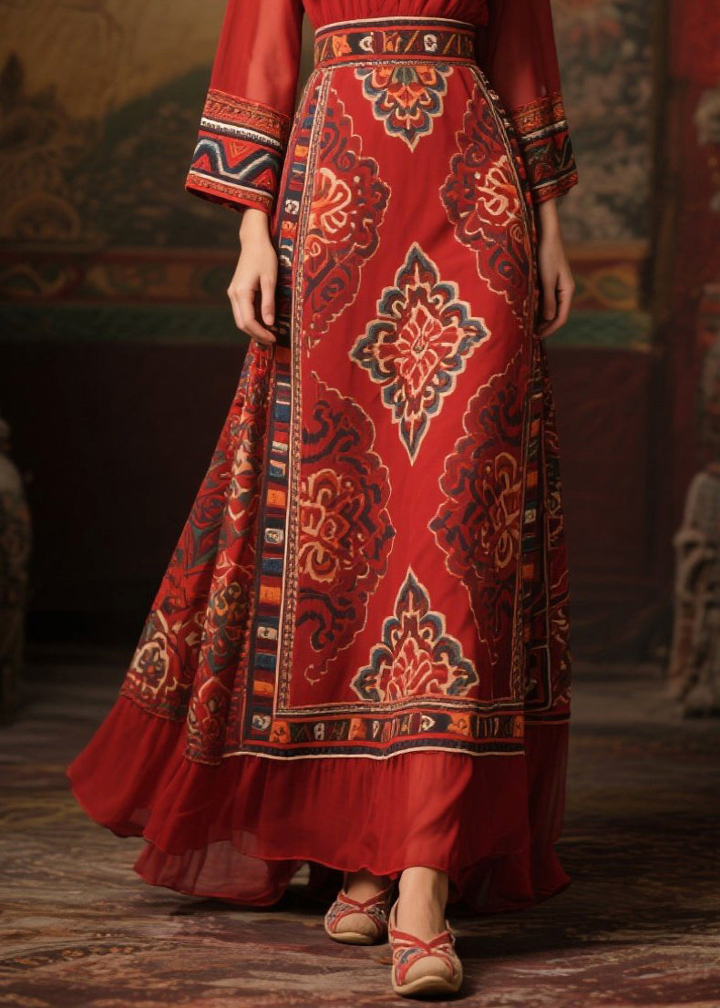 Chiffon Deep V-Neck Long Sleeve Medallion Print Belted Ruffle Hem Maxi Dress