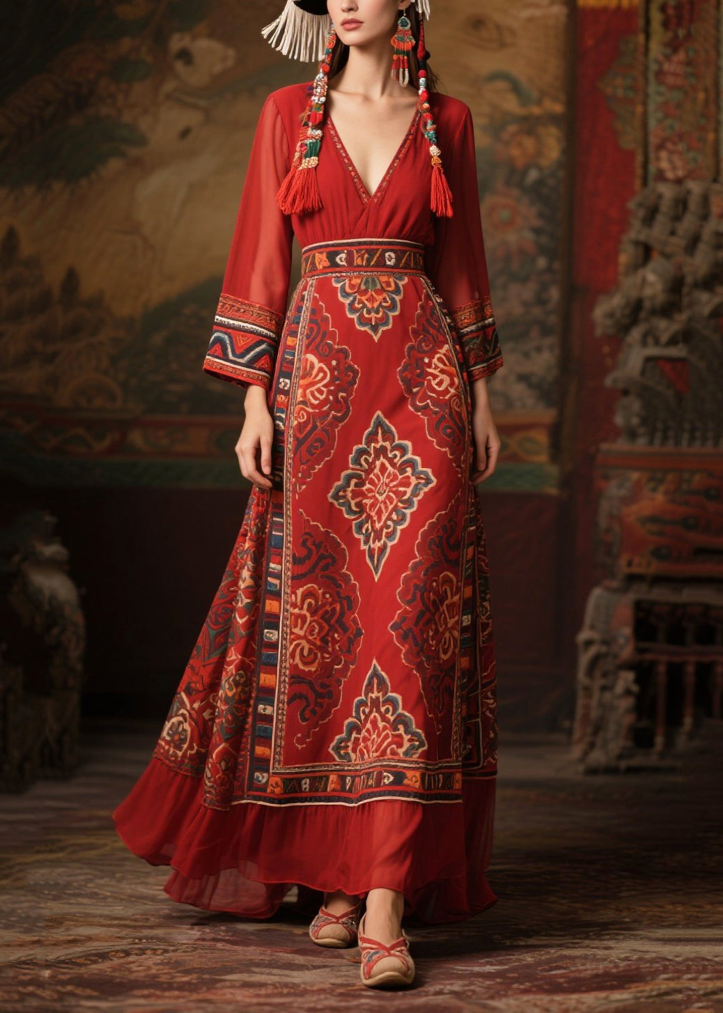Chiffon Deep V-Neck Long Sleeve Medallion Print Belted Ruffle Hem Maxi Dress