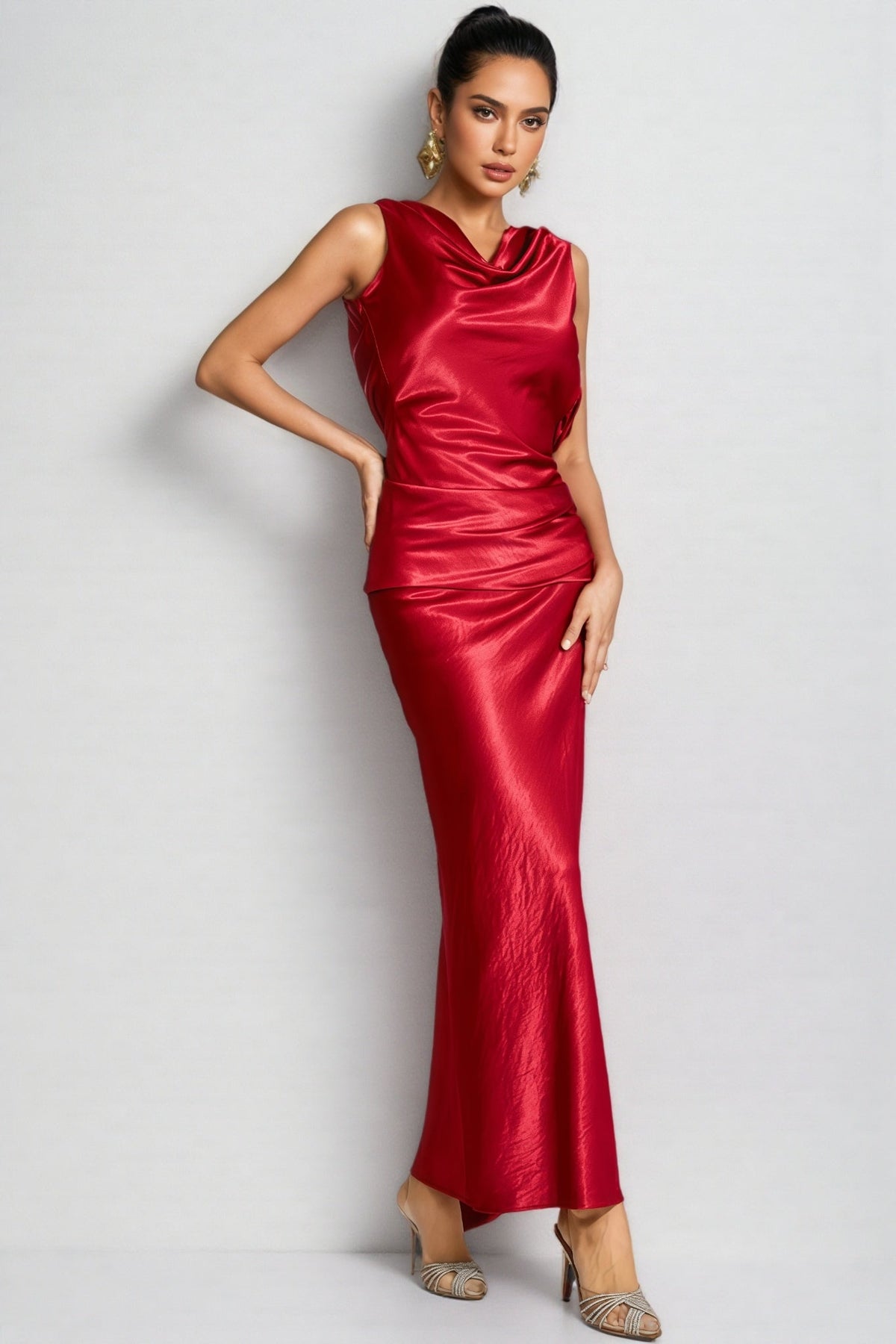 Satin Cowl Neck Sleeveless Draped Ruched Waist Maxi Dress 4