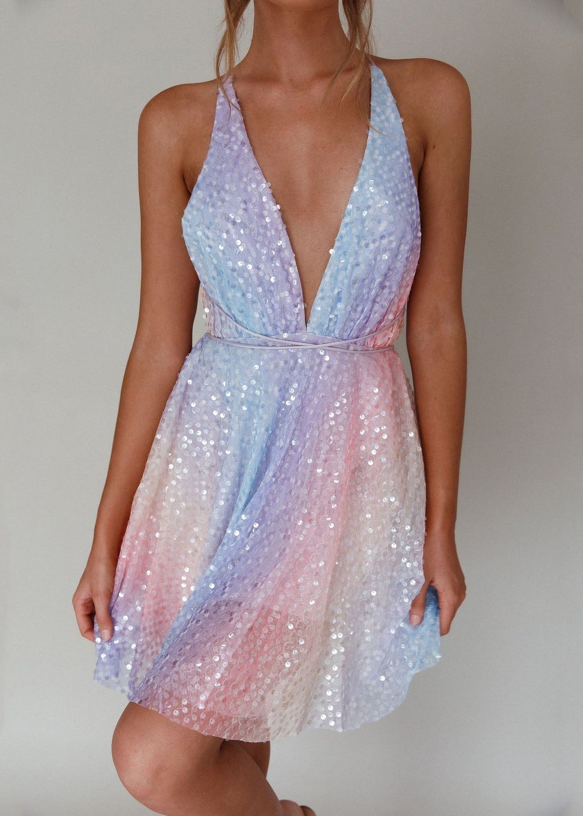 Ombre Sequin Deep V-Neck Halter Neck Backless Skater Mini Dress