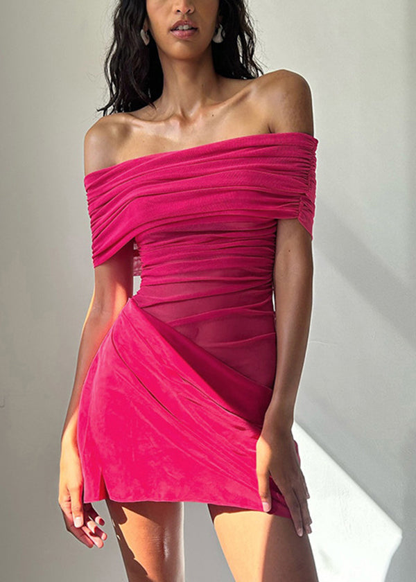 Off Shoulder Mesh Stripe Panel Wrap Bodycon Mini Dress