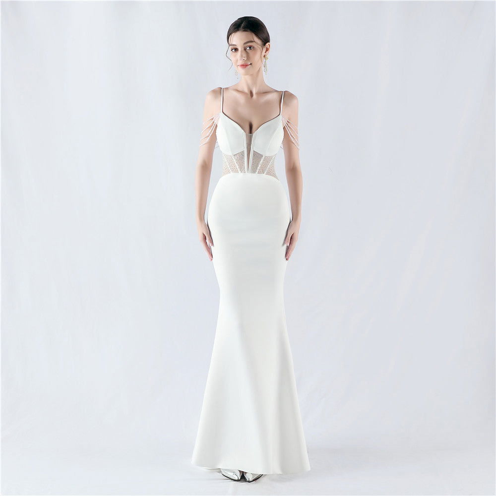 Evening Dress Waist Tight Boning Corset Beaded Rhinestone Cocktail Performance Host Evening Dress
