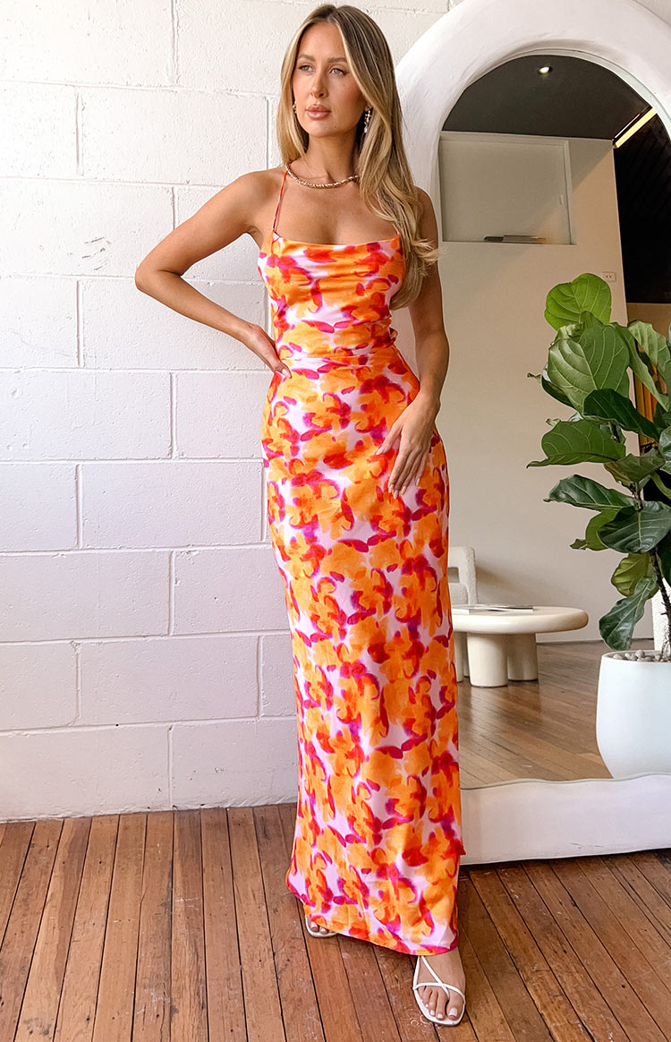 Abstract Print Satin Lace Up Open Back Maxi Dress 6