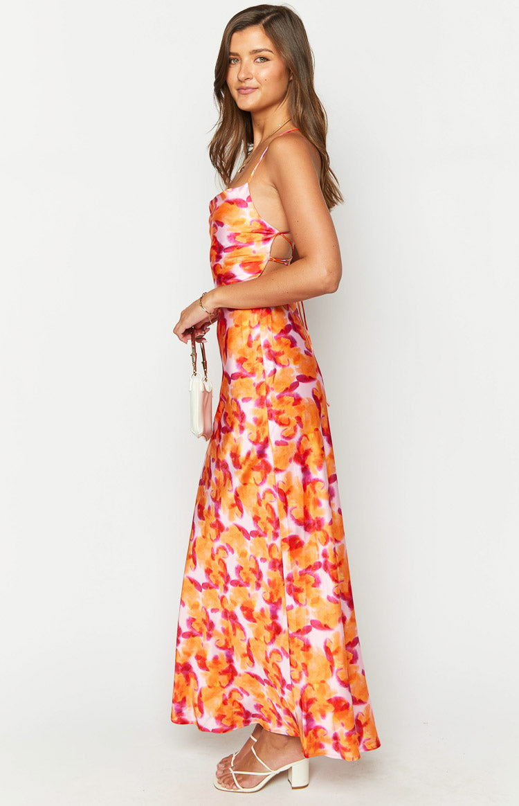 Abstract Print Satin Lace Up Open Back Maxi Dress 4