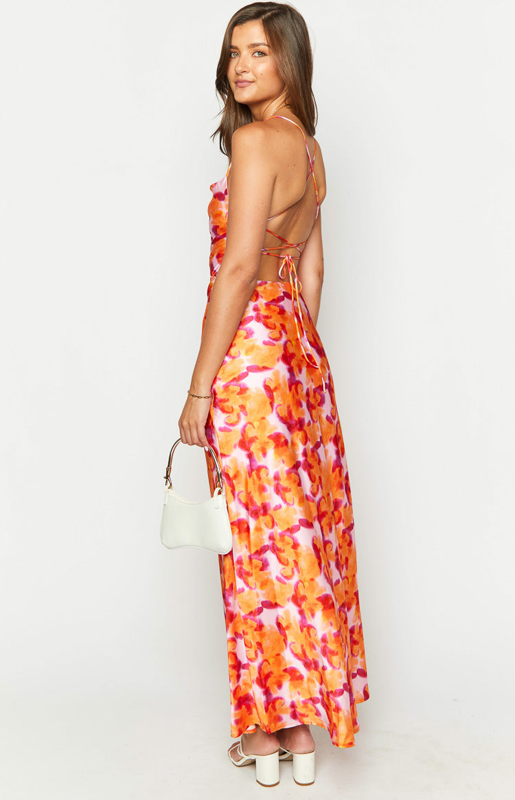 Abstract Print Satin Lace Up Open Back Maxi Dress 7