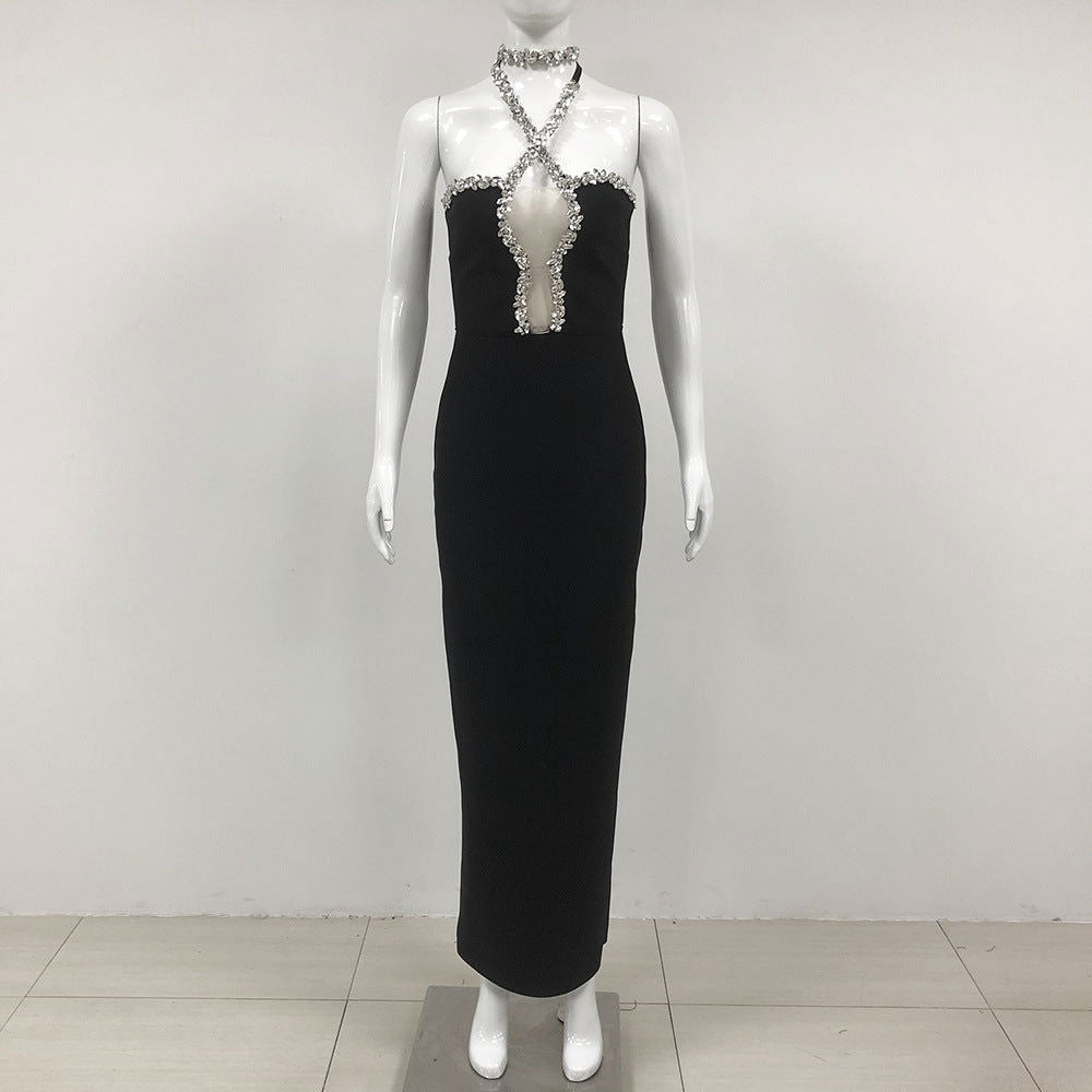 Rhinestone Trim Halter Neck Keyhole Cut Out Bodycon Dress 2