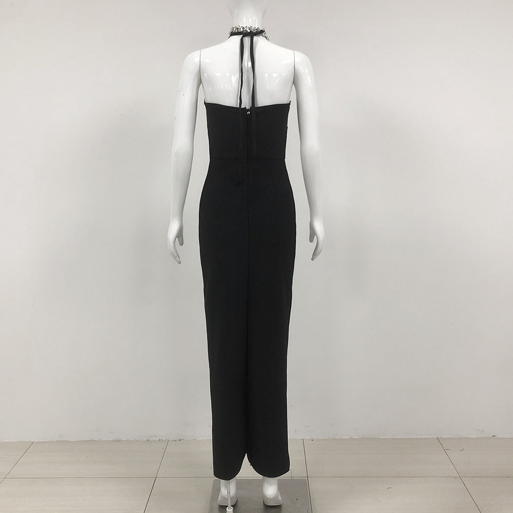 Rhinestone Trim Halter Neck Keyhole Cut Out Bodycon Dress 3