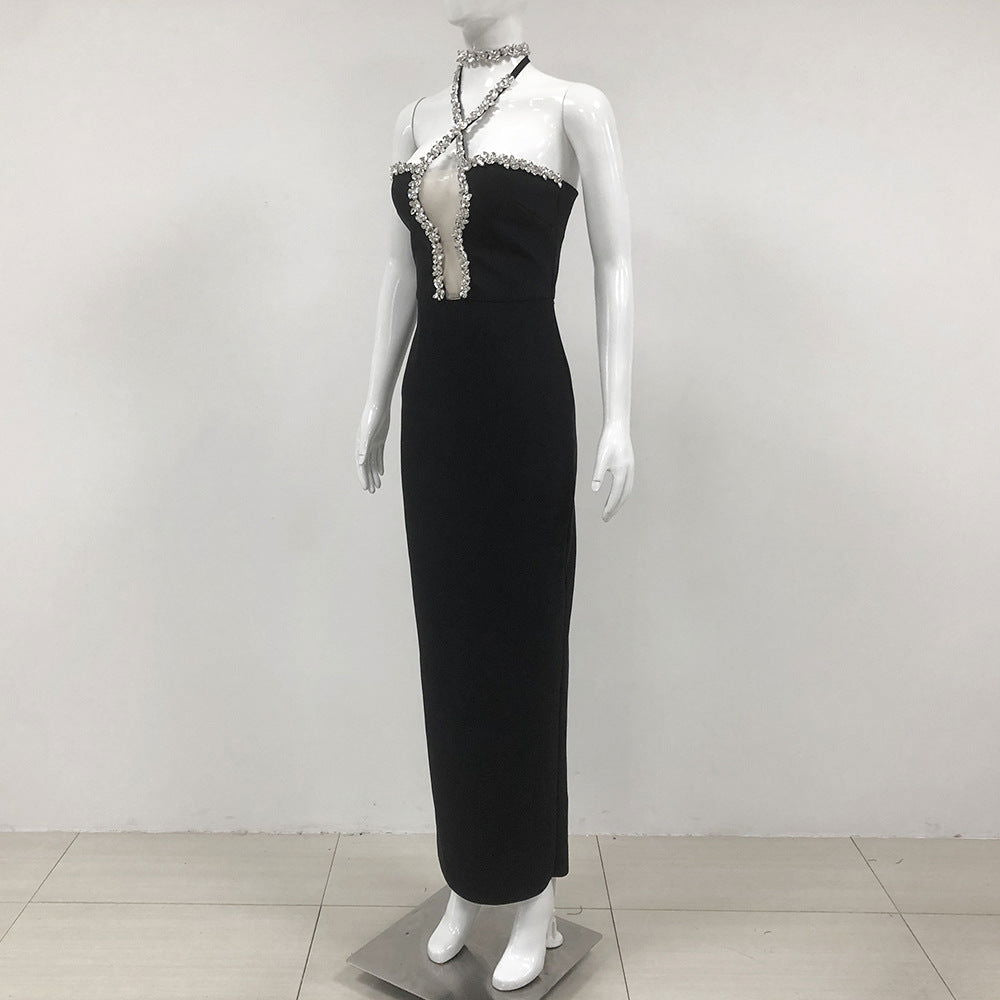 Rhinestone Trim Halter Neck Keyhole Cut Out Bodycon Dress 4