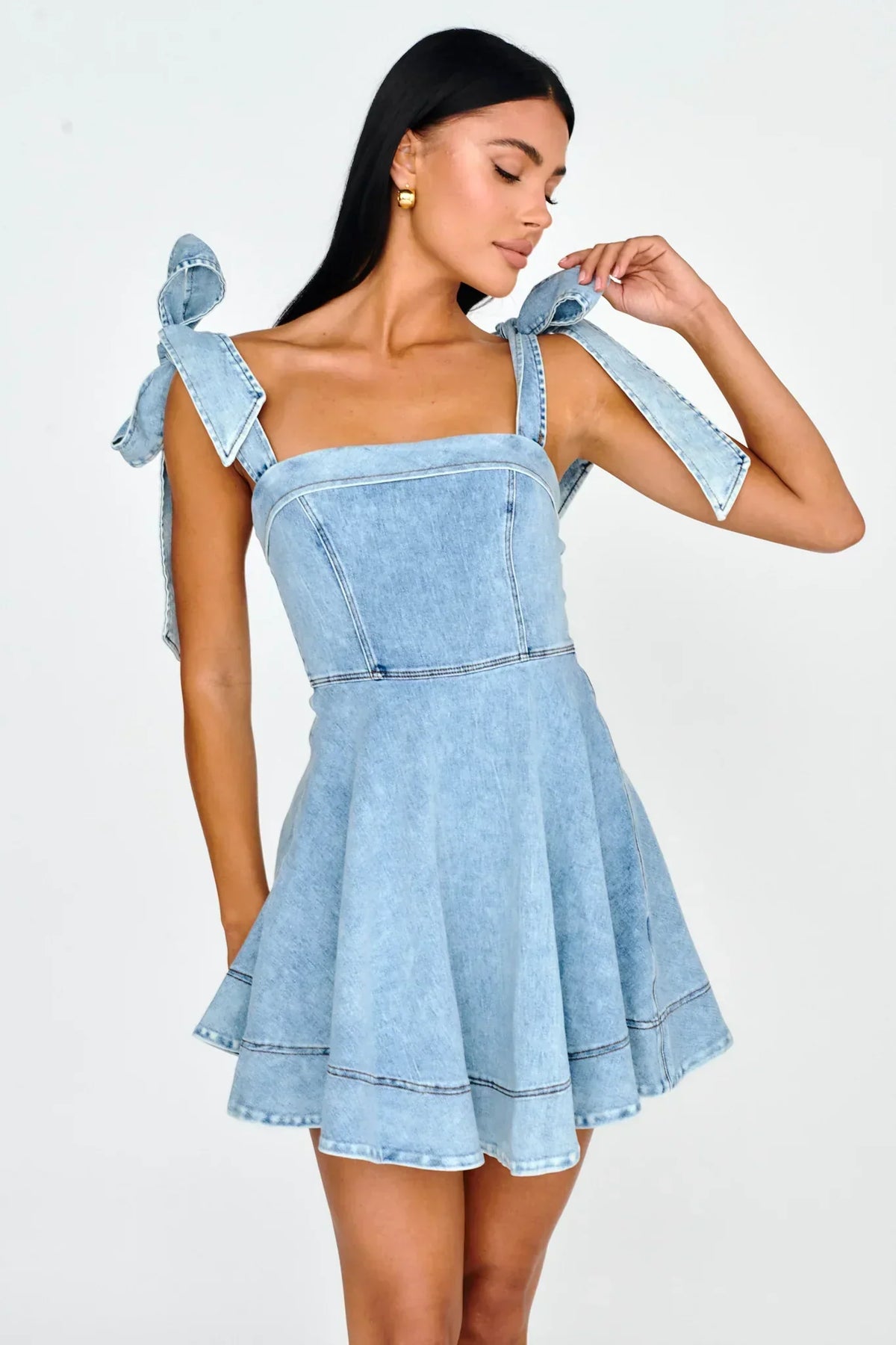 Denim-Look Square Neck Tie Shoulder Fit and Flare Mini Dress 5