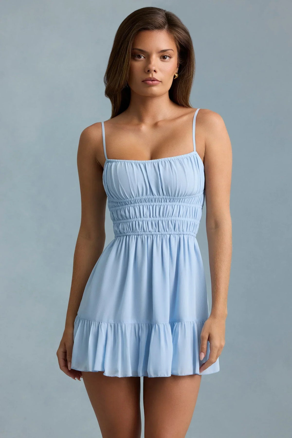 Shirred Waist Cami Strap Ruched Bust Ruffle Hem Mini Dress 6