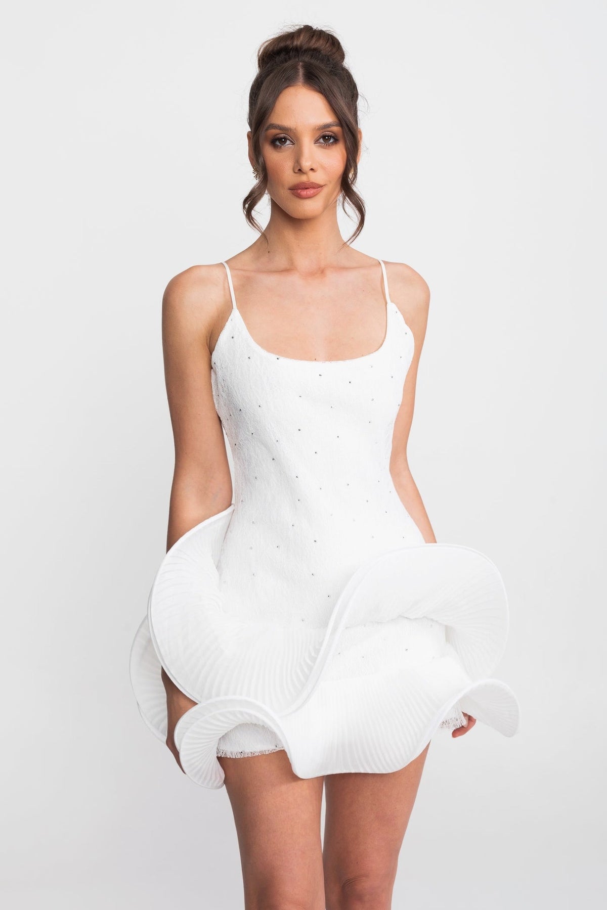 Scoop Neck Spaghetti Strap Rhinestone Pleated Ruffle Hem Mini Dress