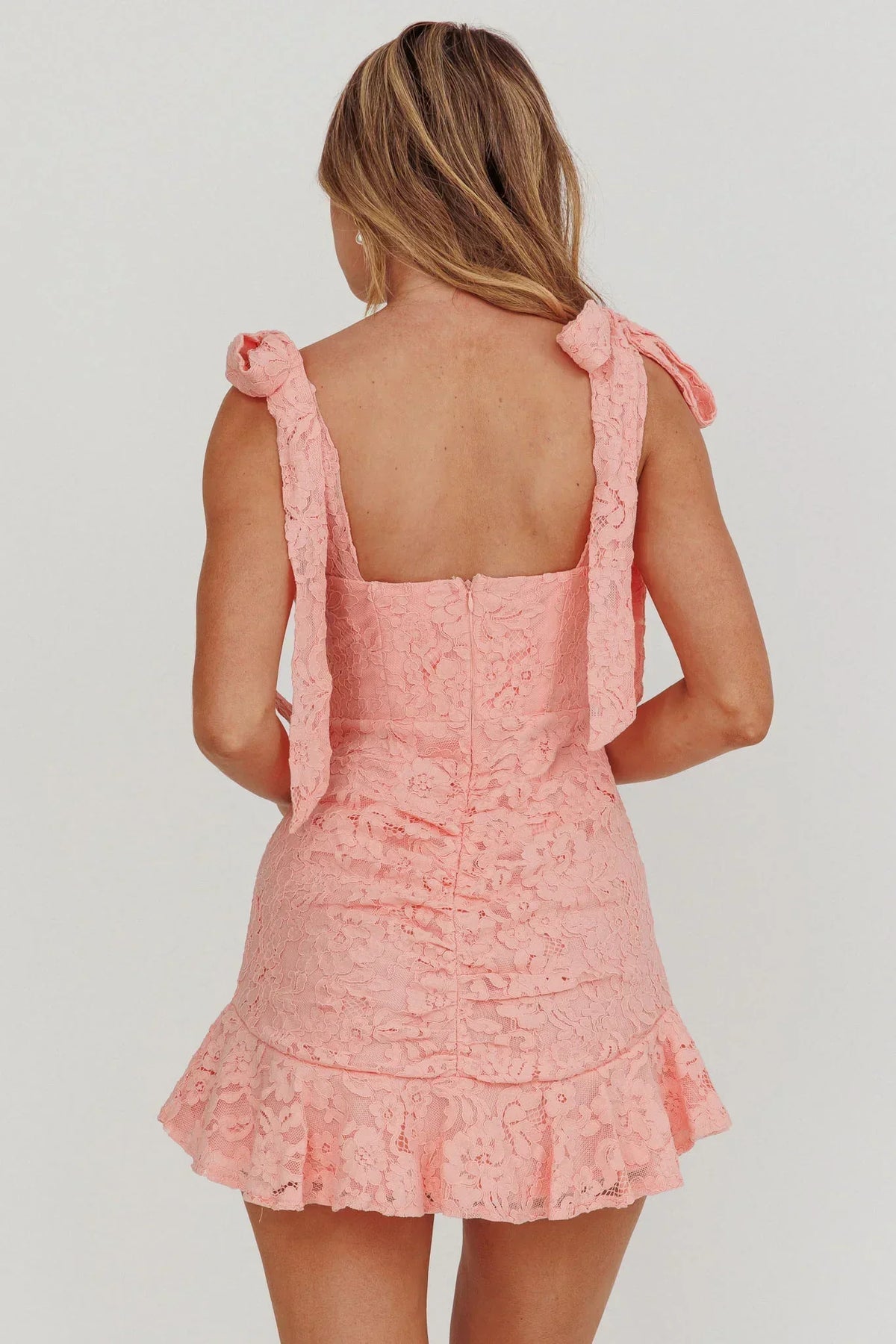 Lace Tie Shoulder Square Neck Ruched Ruffle Hem Mini Dress 3