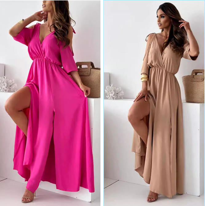 Deep V-Neck Wrap Tie Sleeve High Split Maxi Dress