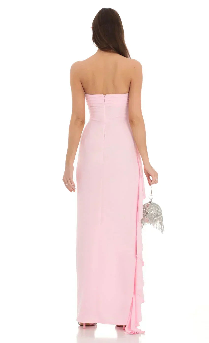 Strapless Pleated Bodice High Split Ruffle Trim Maxi Gown 2