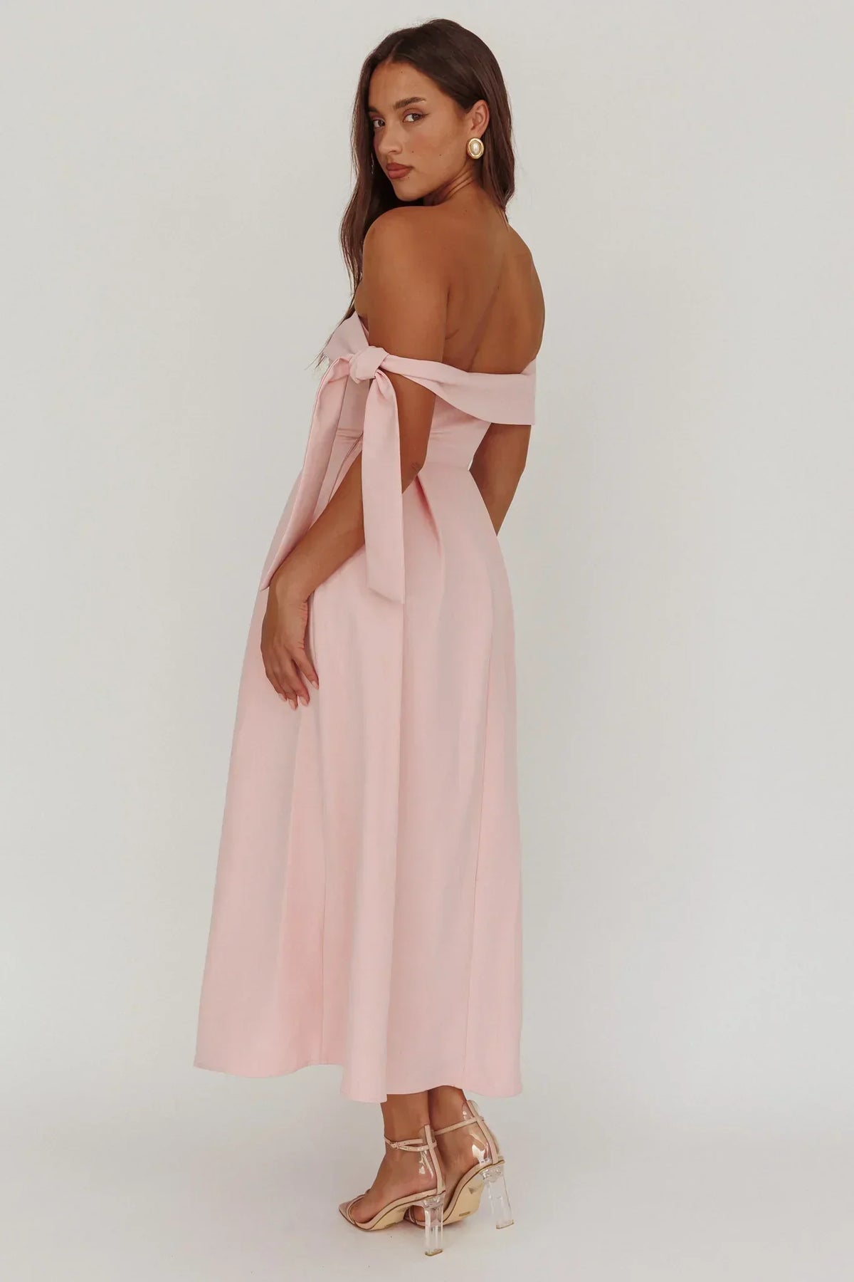 Off Shoulder Tie Sleeve Box Pleat A-Line Midi Dress 2