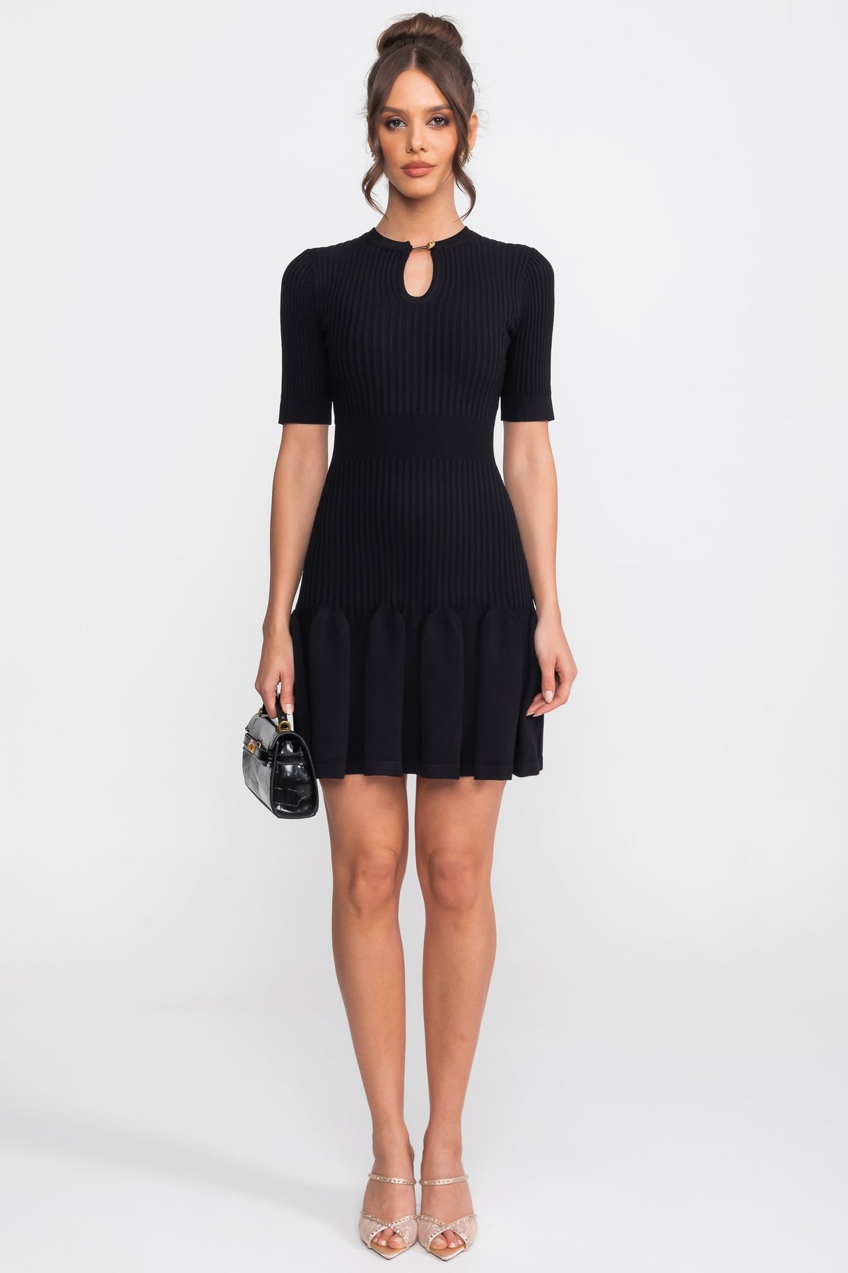 Ribbed Knit Keyhole Neck Short Sleeve Flounce Hem Mini Dress