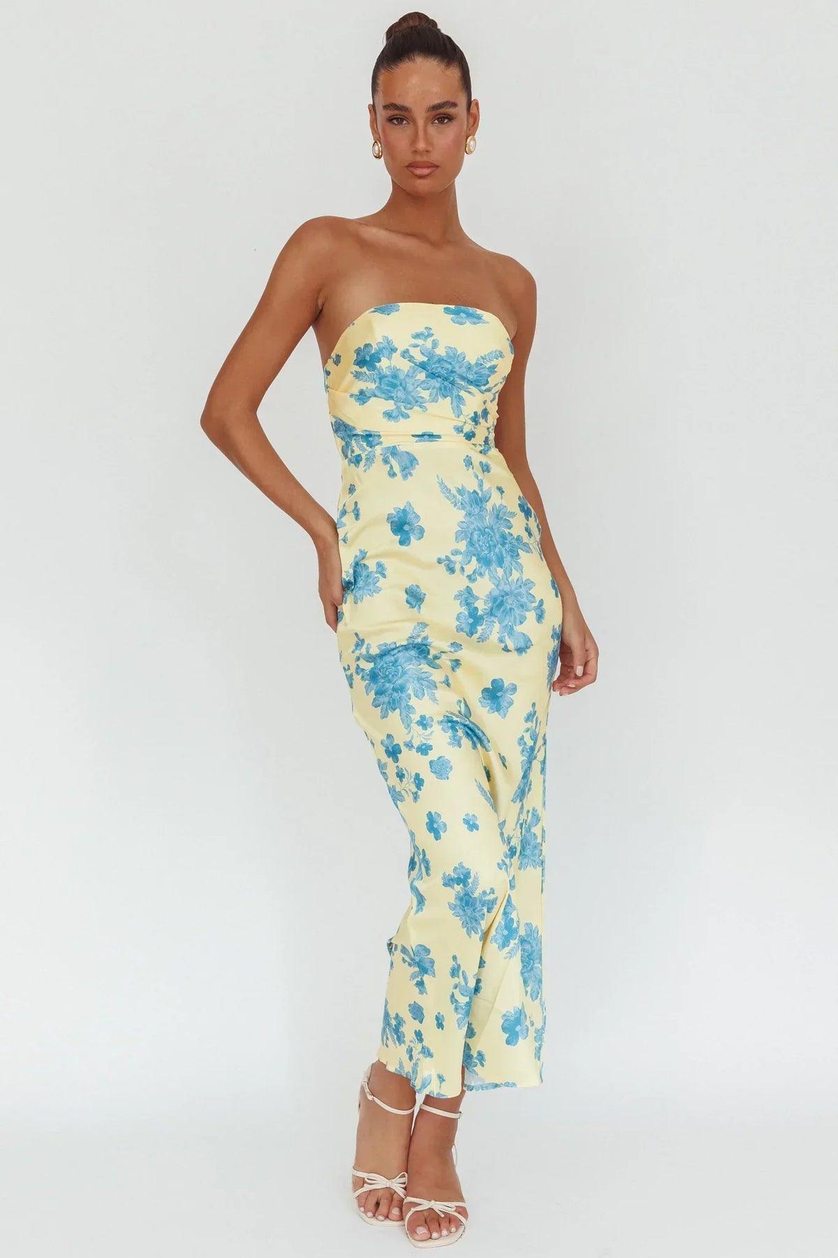 Floral Print Satin Strapless Ruched Bust Bodycon Maxi Dress 4