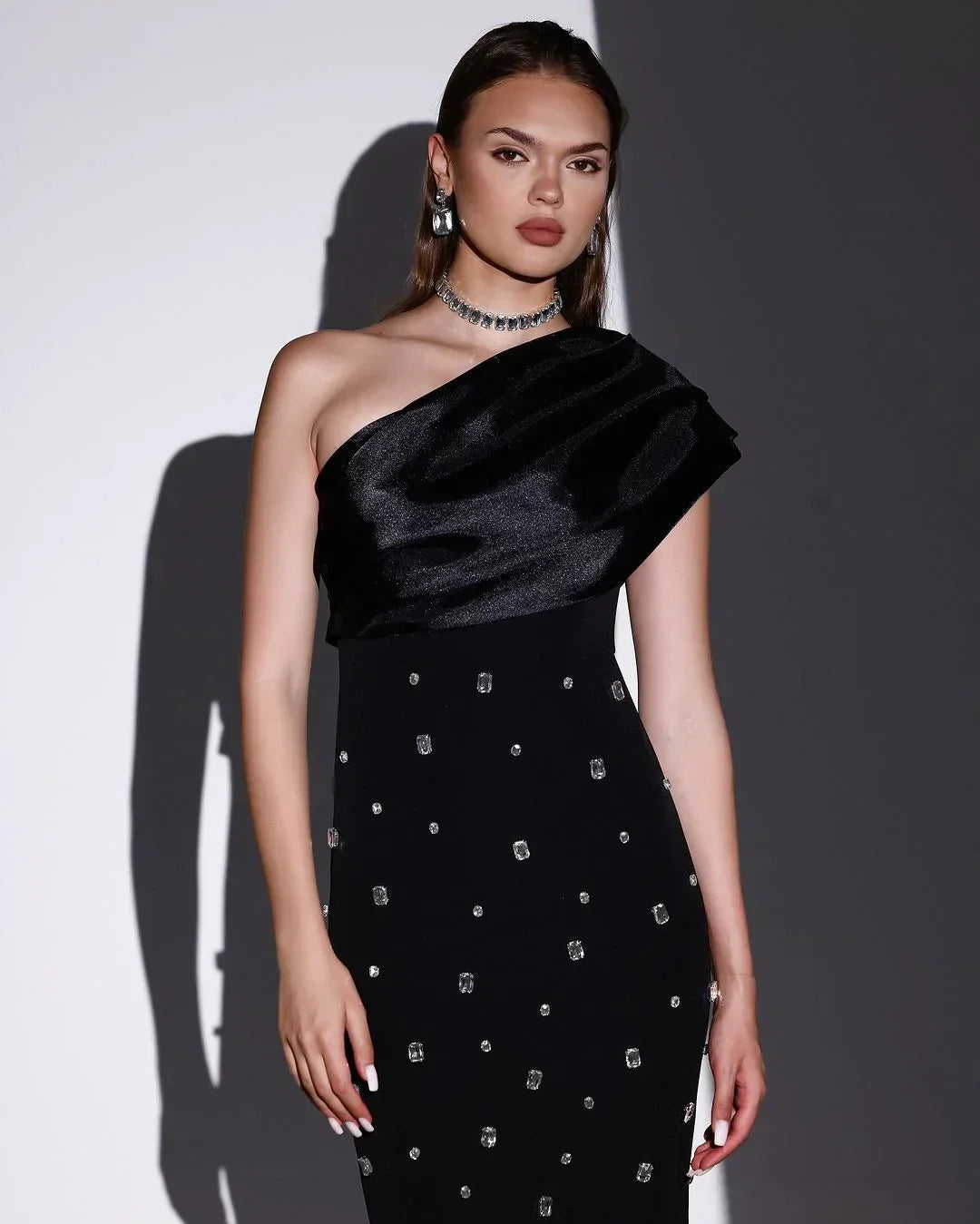Crystal Embellished One Shoulder Draped Bodice Column Maxi Dress 3