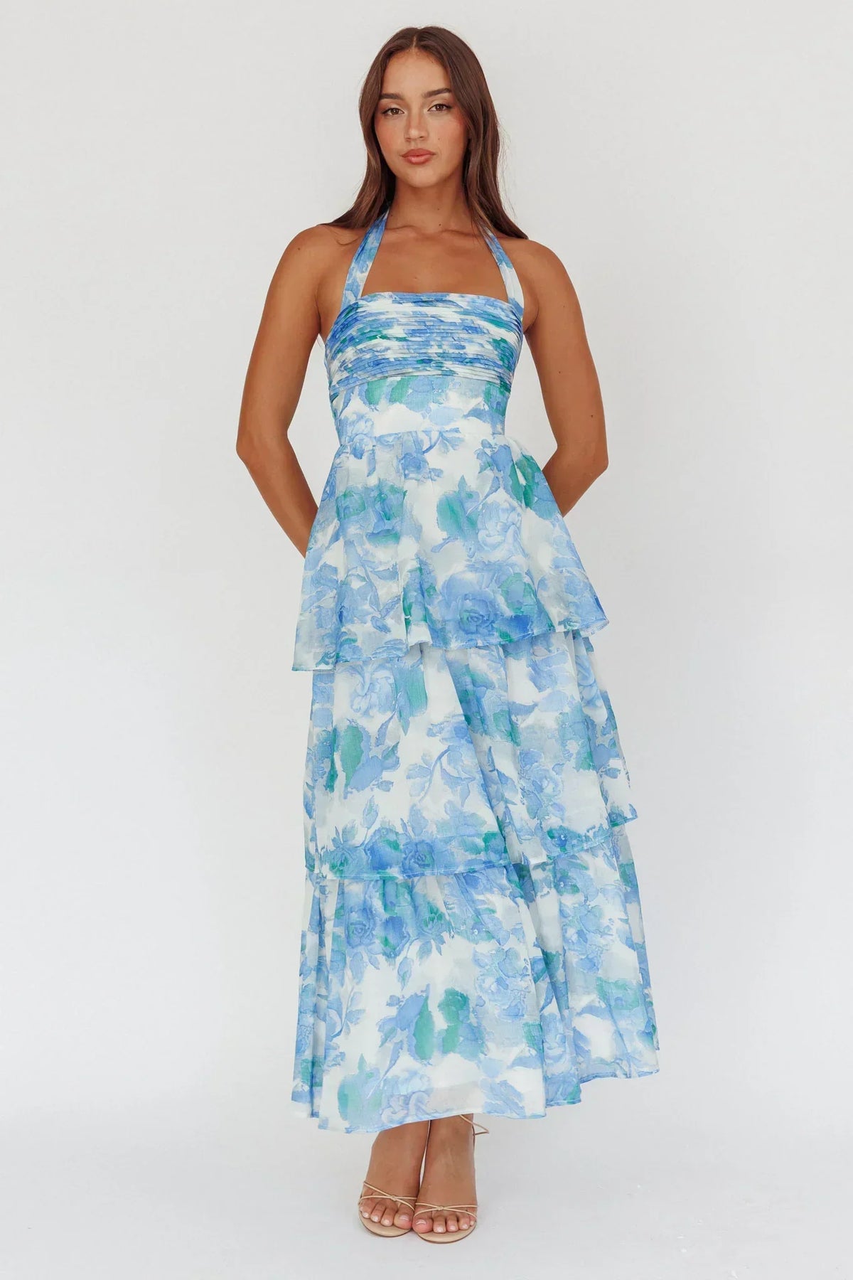 Seascape Halterneck Layered Maxi Dress Floral Blue