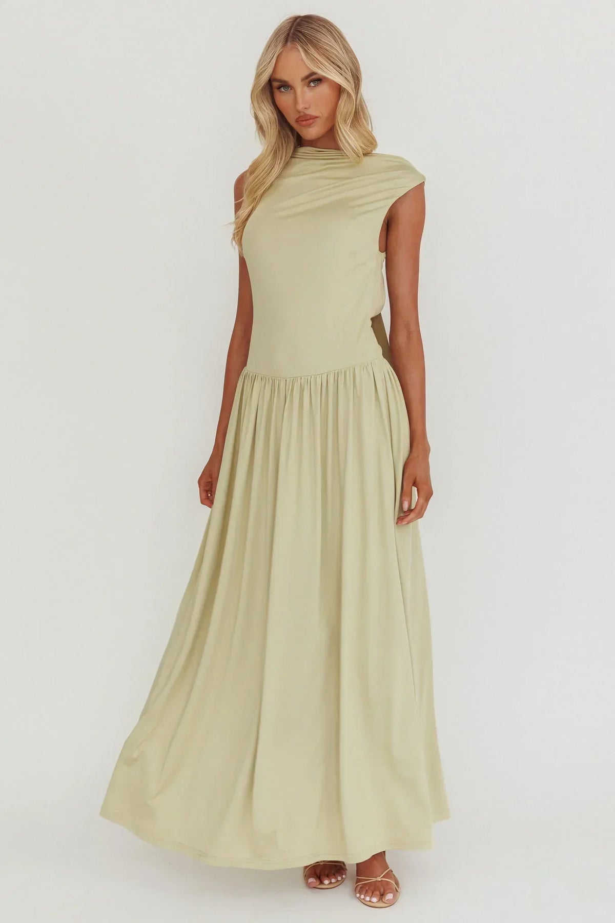 High Cowl Neck Cap Sleeve Open Back Drop Waist Maxi Dress