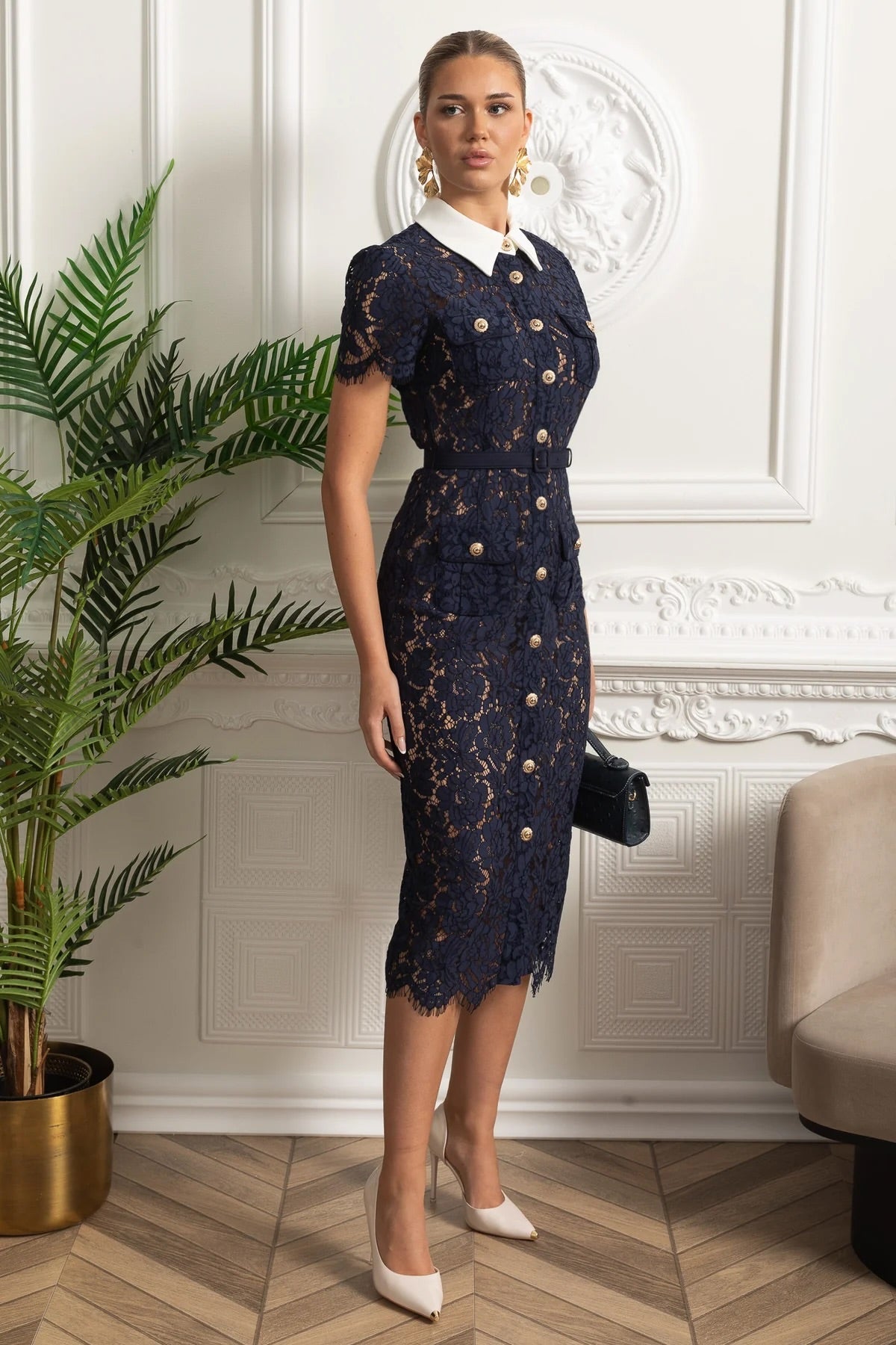 Floral Lace Contrast Collar Short Sleeve Belted Button Front Midi Dress 2
