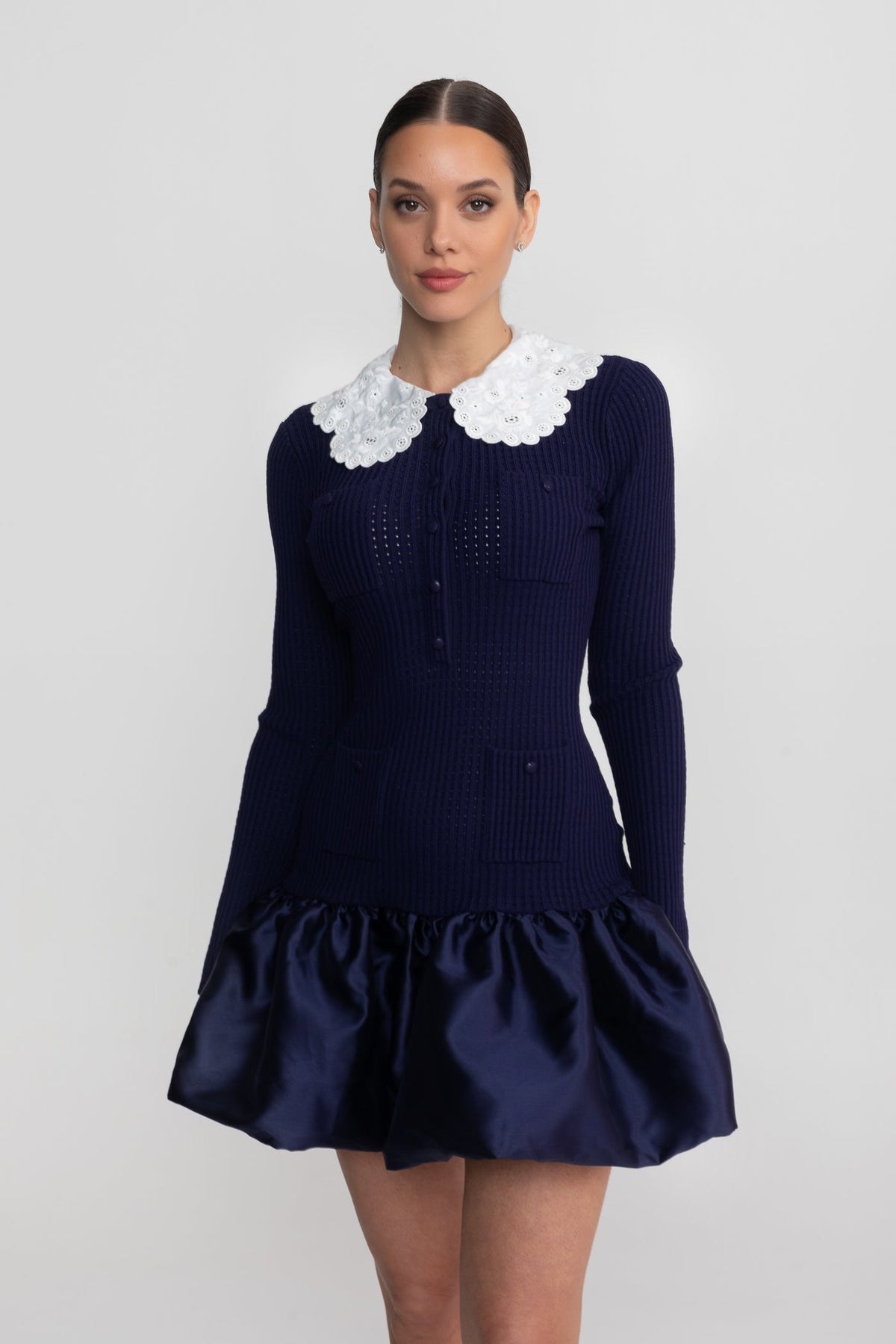 Lace Collar Long Sleeve Ribbed Knit Bubble Hem Mini Dress 3