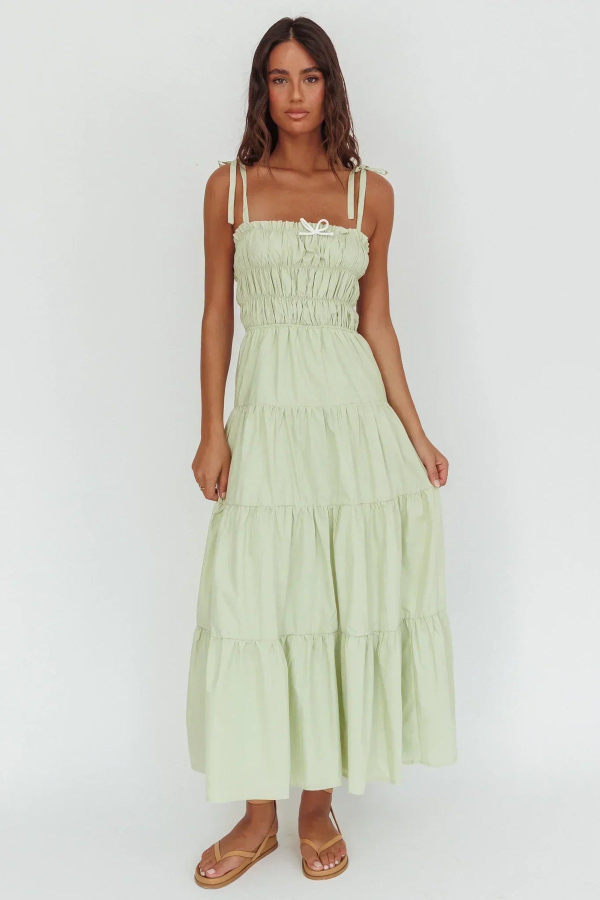 Tie Shoulder Smocked Bodice Bow Front Tiered Maxi Dress