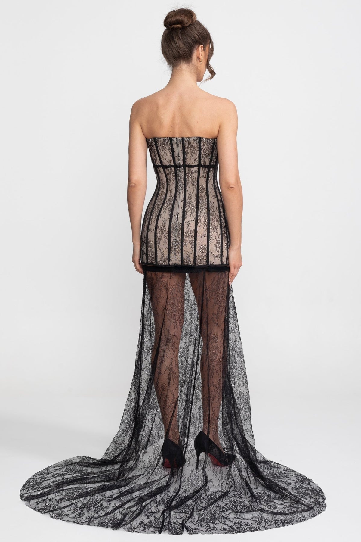 Strapless Sweetheart Lace Corset Mini Dress with Sheer Lace Train Overskirt 5
