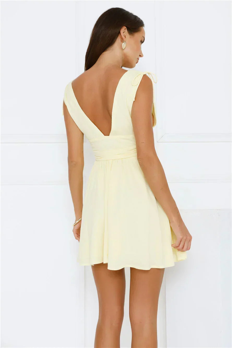 Deep V-Neck Tie Shoulder Ruched Waist Skater Mini Dress 4