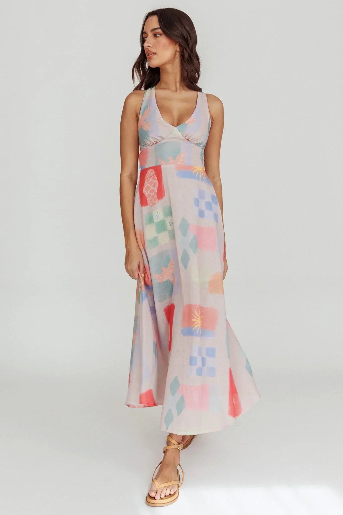 Abstract Print V-Neck Sleeveless Empire Waist A-Line Maxi Dress