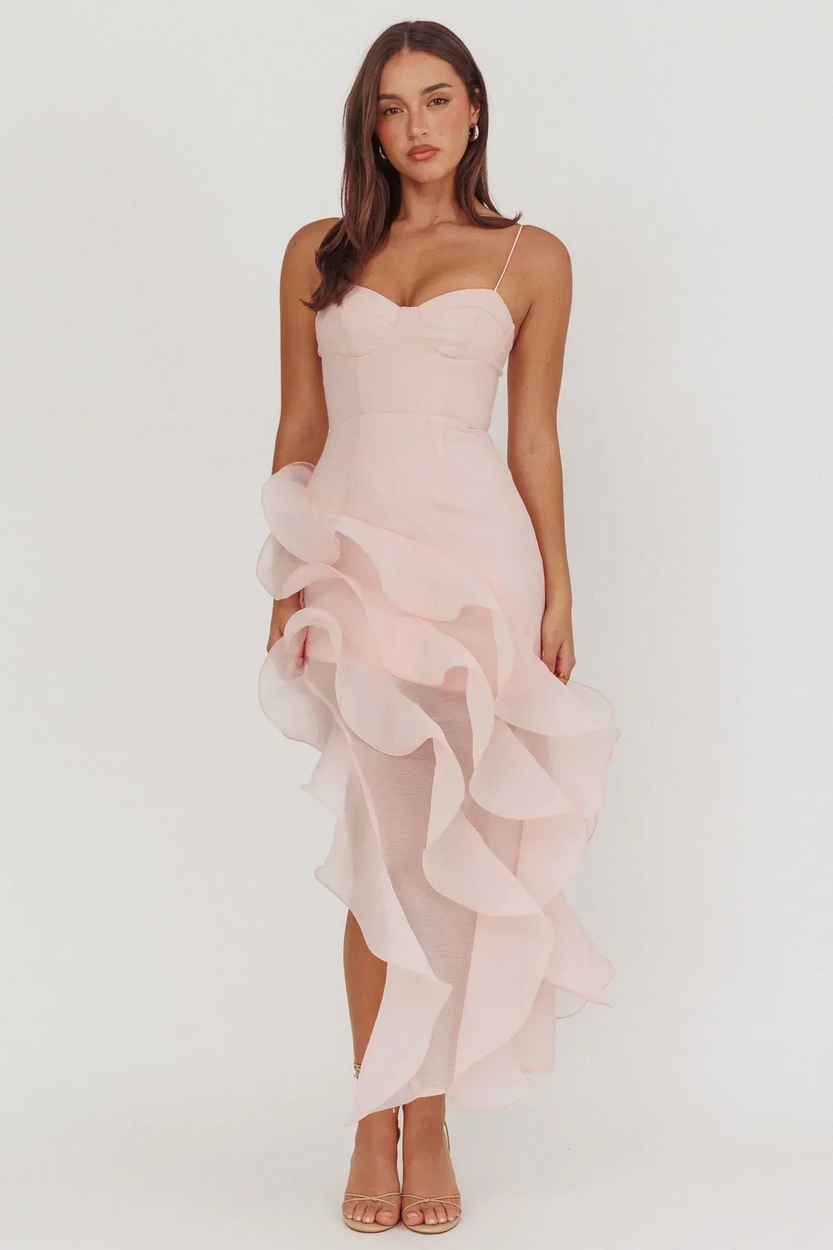 Organza Sweetheart Cami Cascading Ruffle Midi Dress
