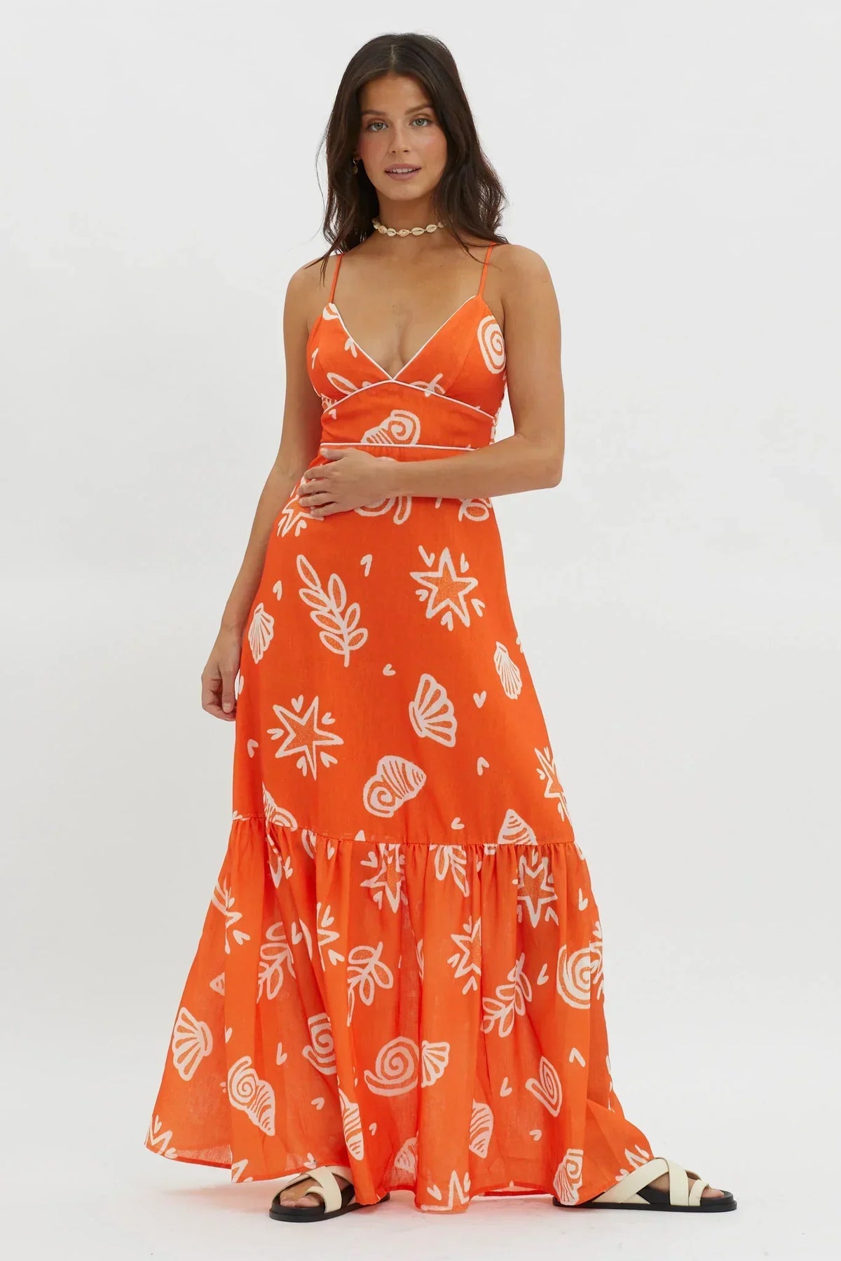 Shell Print V-Neck Contrast Piping Tiered Hem Maxi Dress 2