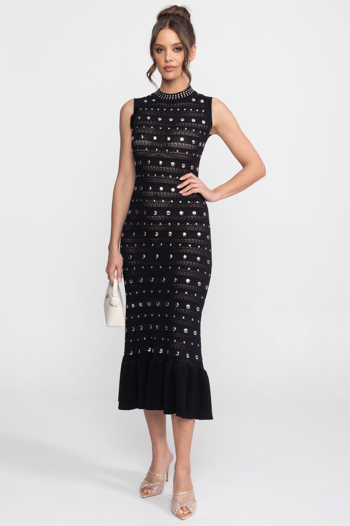 Studded Open Knit Sleeveless High Neck Ruffle Hem Midi Dress 3