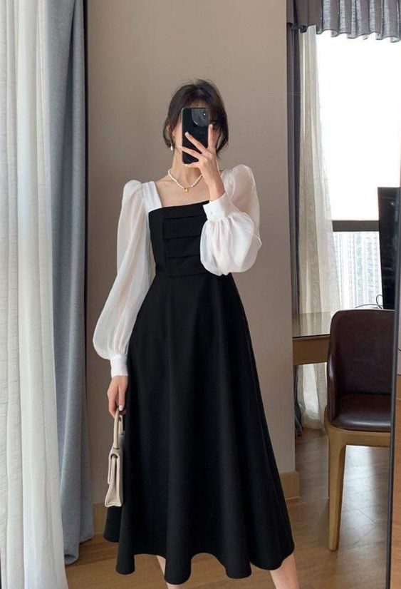 French Contrast Color Patchwork Square Neck Puff Sleeve Party Dress cc1213