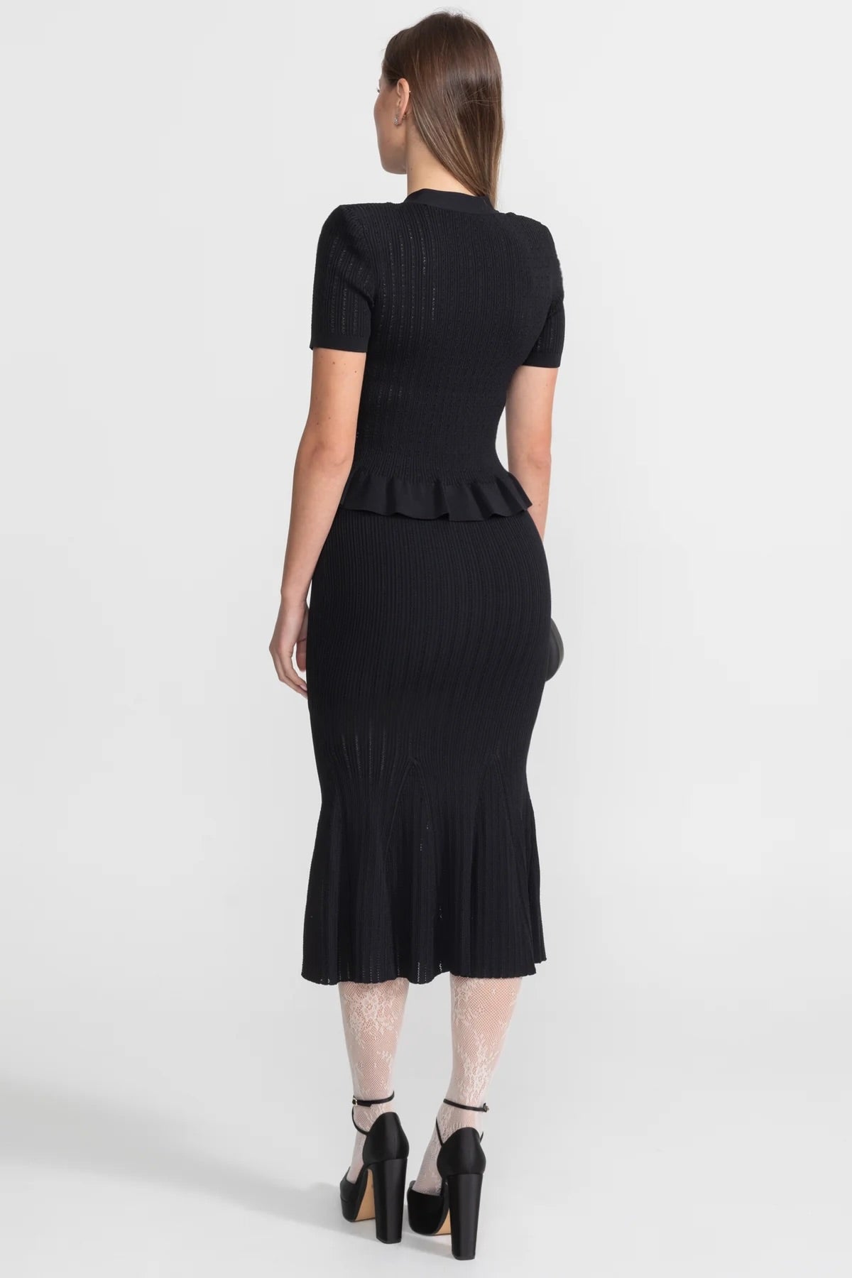 Pointelle Knit V-Neck Peplum Button Top and Flared Midi Skirt Two Piece Set 3