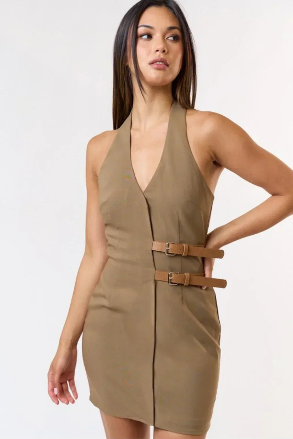 Halter V-Neck Double Buckle Strap Bodycon Mini Dress 5