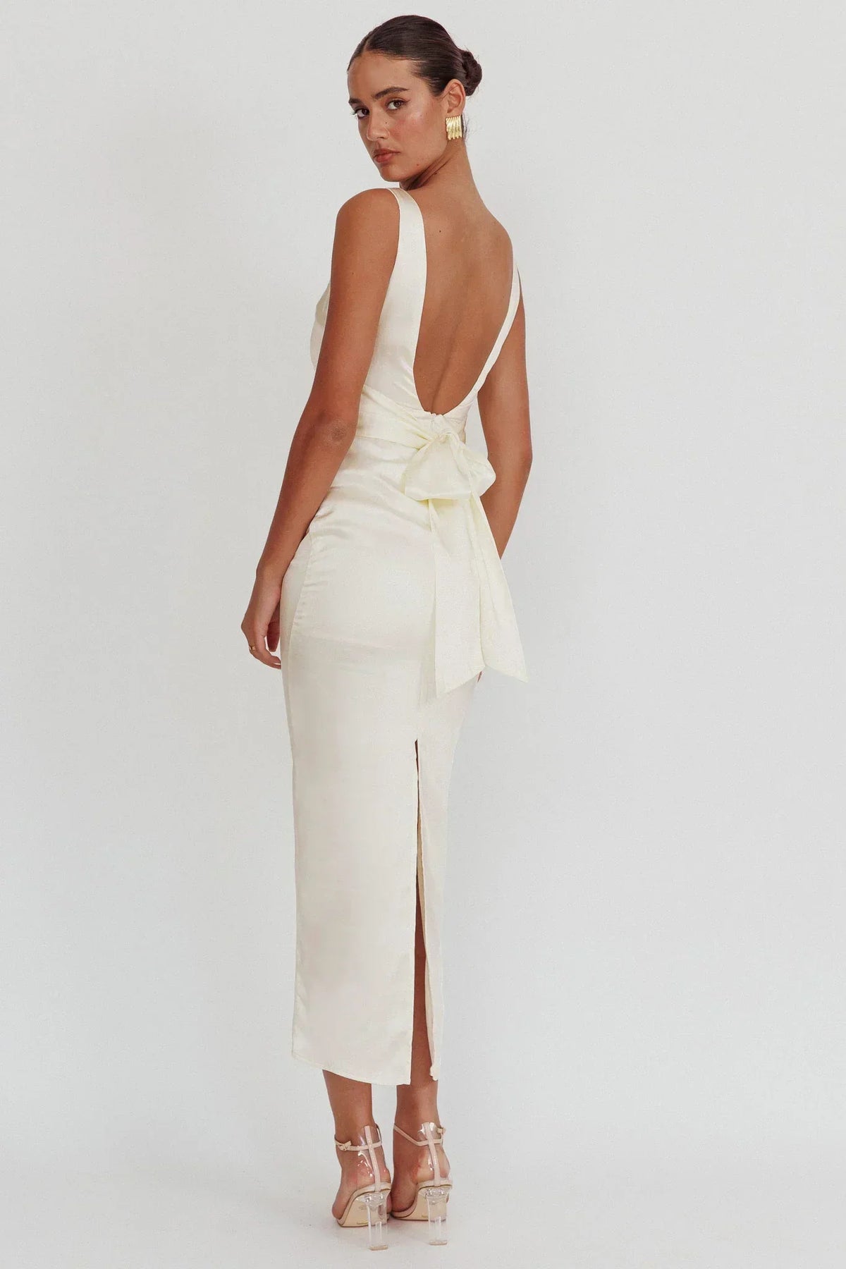 Satin Boat Neck Sleeveless Ruched Waist Column Midi Dress 7