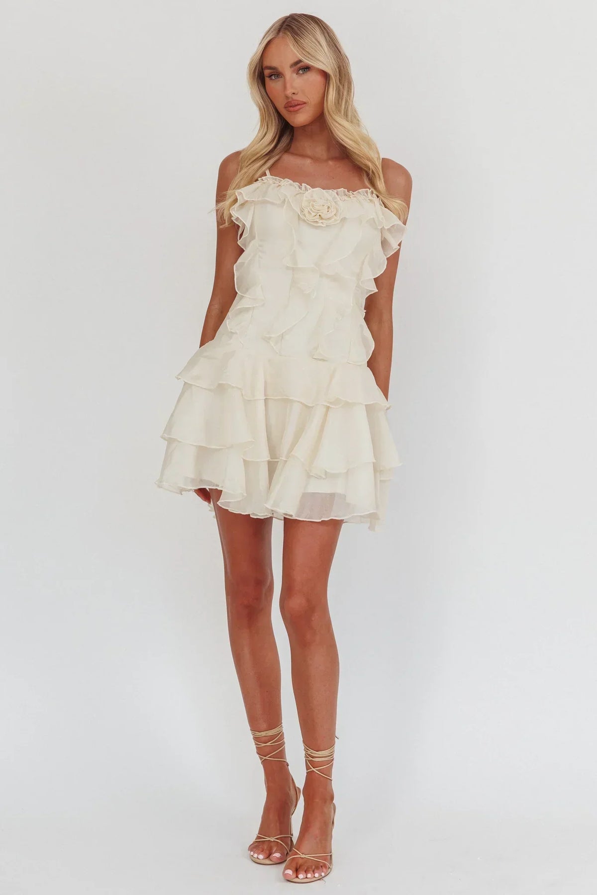 Rosette Ruffle Trim Cami Tiered Chiffon Mini Dress 4