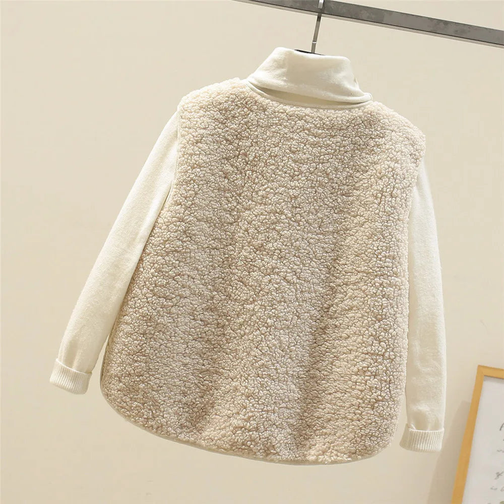 Faux Shearling V-Neck Button Front Pocket Vest